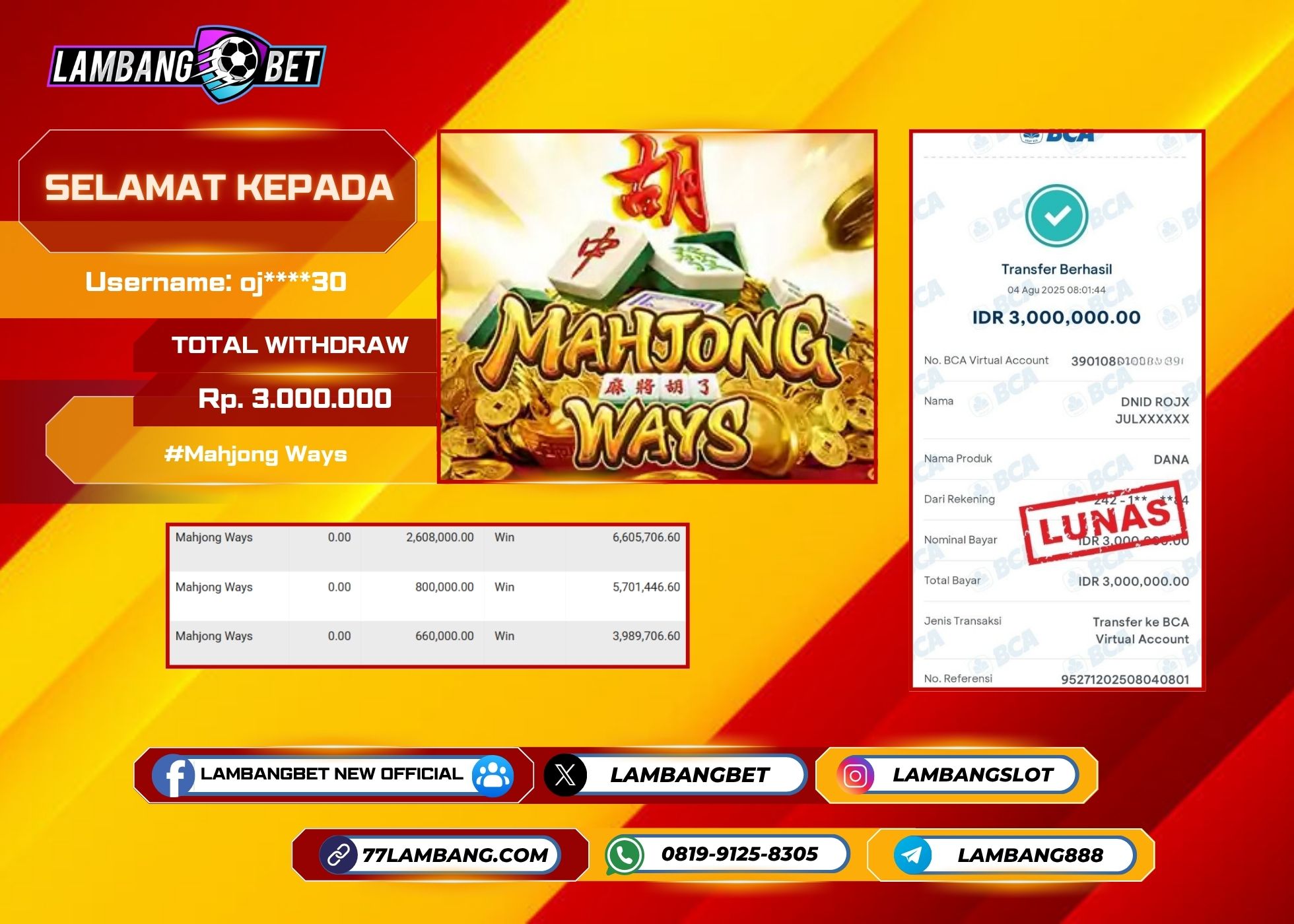 LAMBANGBET [4 AUGUST 2025] JACKPOT SLOT Mahjong Ways "Rp3.000.000" LUNAS